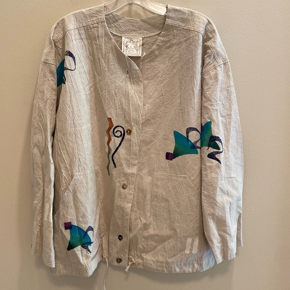 Play Alegre Hand Painted V Neck Boxy L/S Bls Jacket Draw Waist Cotton Oatmeal XL - Picture 3 of 8